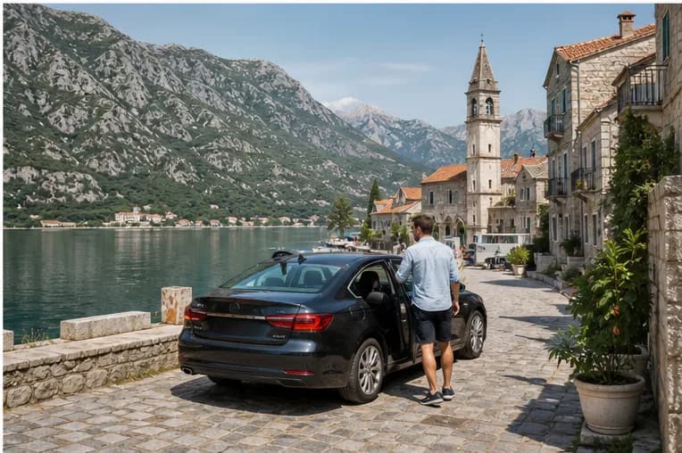 Rental car on the Adriatic coast beside Kotor Bay