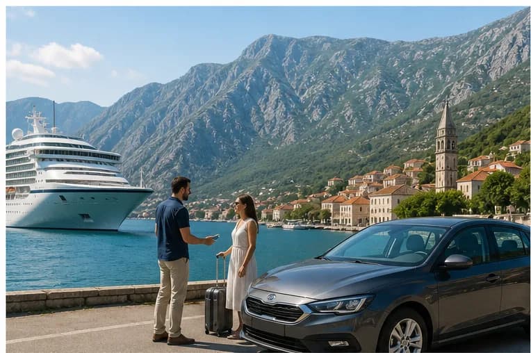 A rental car near Kotor's waterfront with steep Adriatic mountains behind