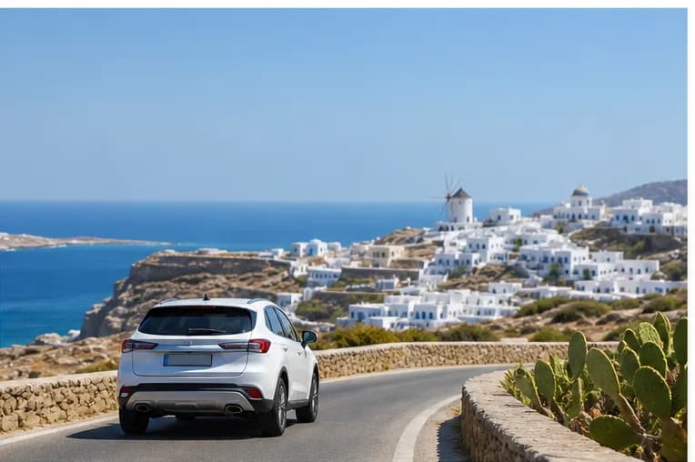 A rental car on a bright Mykonos road with whitewashed buildings and sea beyond