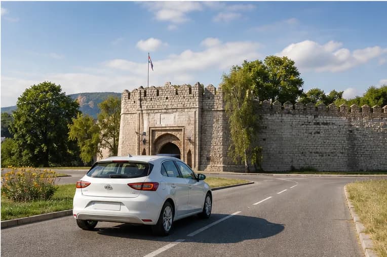 A rental car on a sunny southern Serbian road near Nis and its surrounding hills