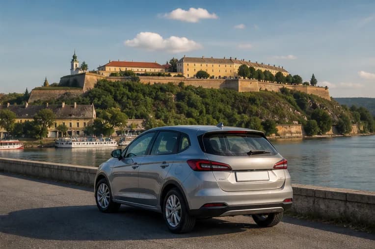 A rental car on a peaceful road beside the Danube near Novi Sad