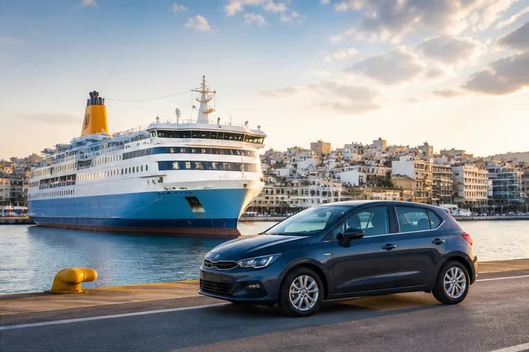 A rental car beside Piraeus harbour with ferries and the Aegean beyond