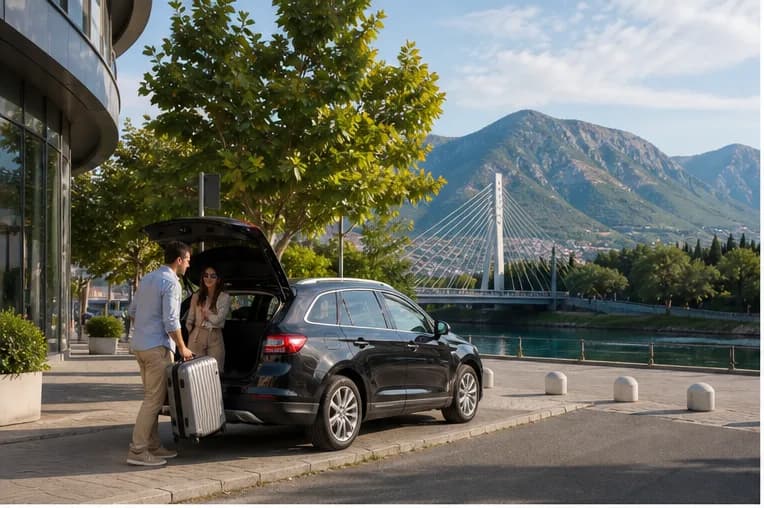 A compact rental car on a leafy Podgorica street with mountains beyond