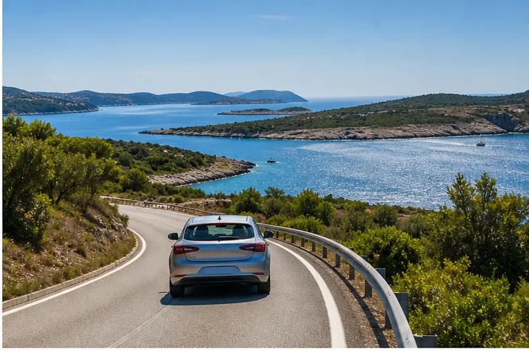 A rental car on an Istrian road with stone villages and Mediterranean greenery near Pula