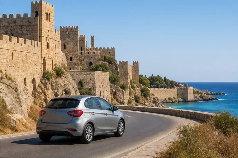 A rental car on a bright Rhodes coastal road beside the Aegean