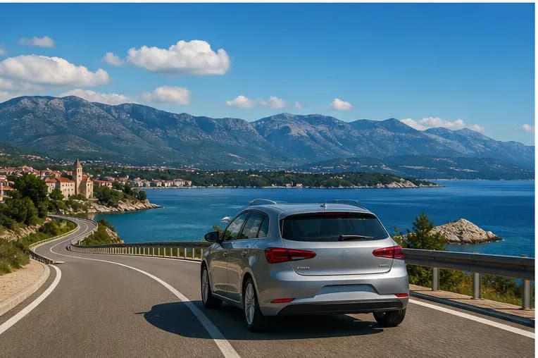 A rental car on a winding road above the Kvarner Gulf near Rijeka
