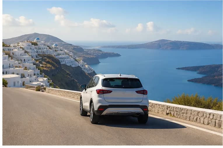 A small rental car on a volcanic Santorini road above the Aegean