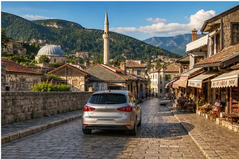 A rental car on a mountain road with Sarajevo's valley and hills beyond