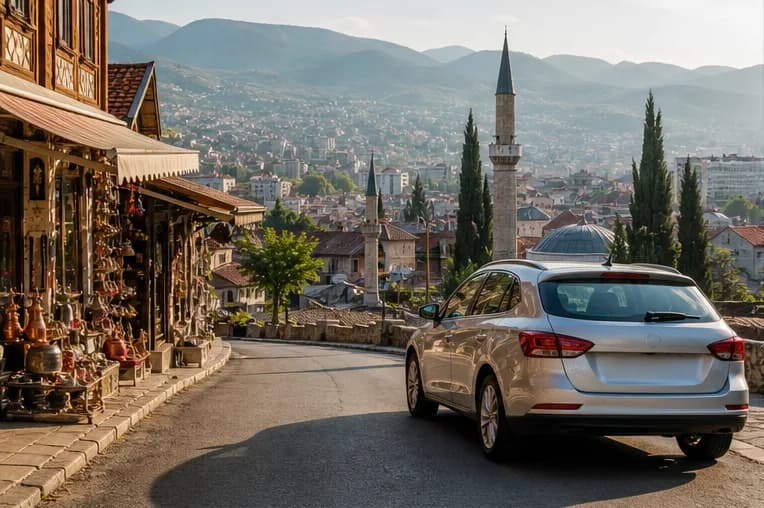 A compact rental car on a leafy Sarajevo street with mountain scenery in the distance