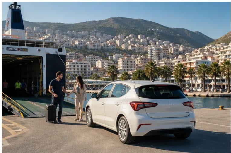 A rental car near Saranda's ferry waterfront with the Ionian Sea beyond