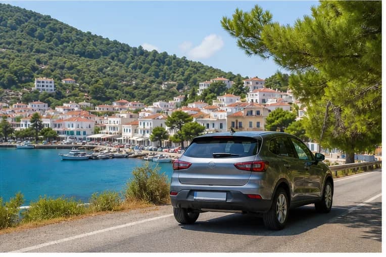 A rental car on a green island road near Skiathos with blue water beyond
