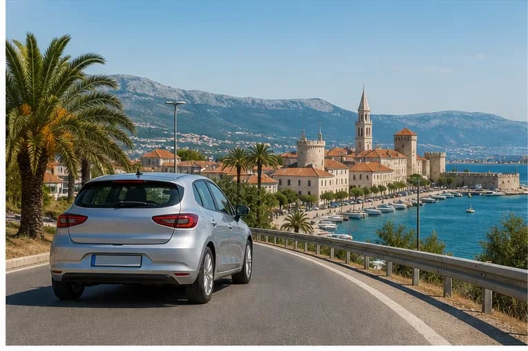 Coastal road and blue Adriatic water near Split in Croatia