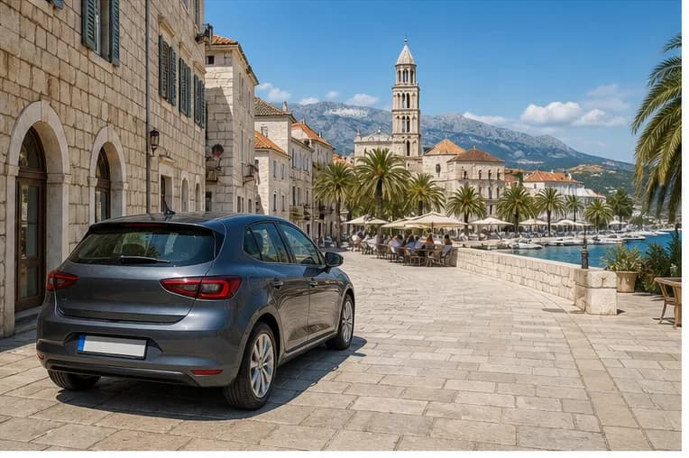 Rental car on a coastal road in the Balkans near Split