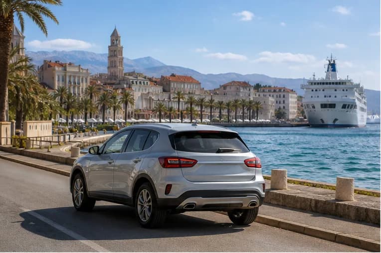 Rental car approaching a ferry port on the Adriatic