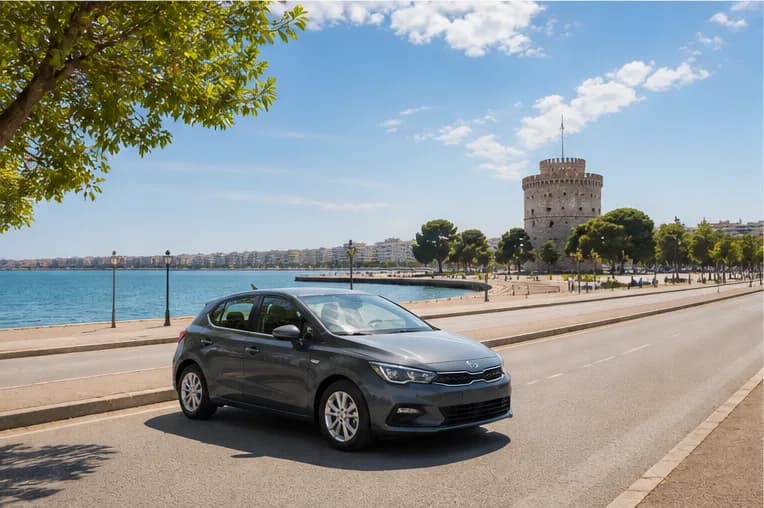 A rental car on a coastal road leaving Thessaloniki in warm Mediterranean light
