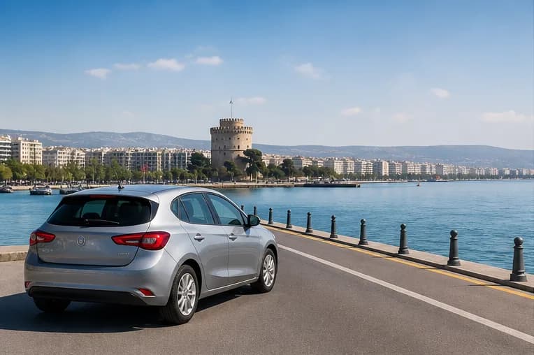 A rental car near Thessaloniki port with the waterfront and hills beyond