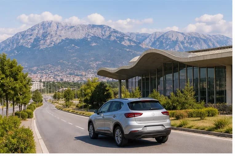 A rental car on a bright road leading from Tirana towards Albania's hills