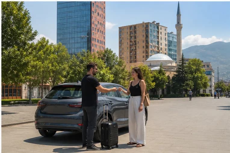 A compact rental car on a leafy Tirana boulevard with mountain light beyond