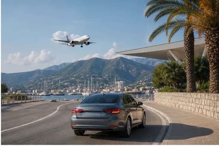 Rental car on a coastal road near Tivat with the Bay of Kotor beyond