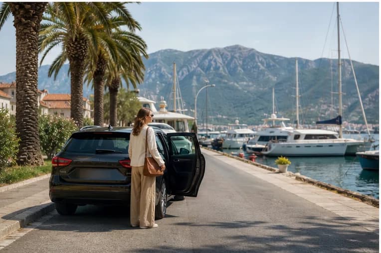 A rental car beside a palm-lined Bay of Kotor road near Tivat