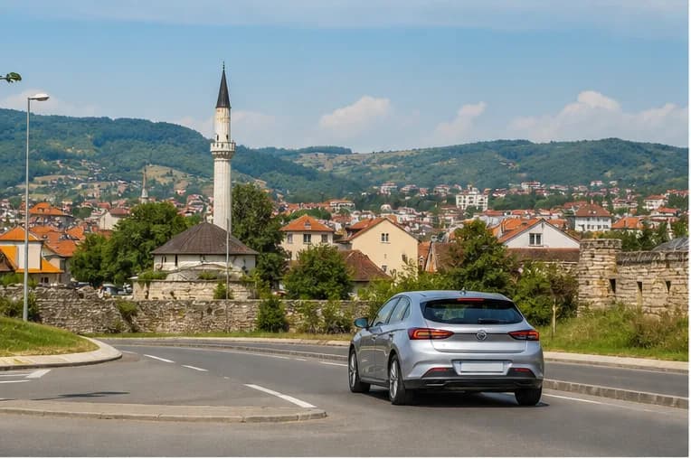 A rental car travelling through rolling green hills near Tuzla