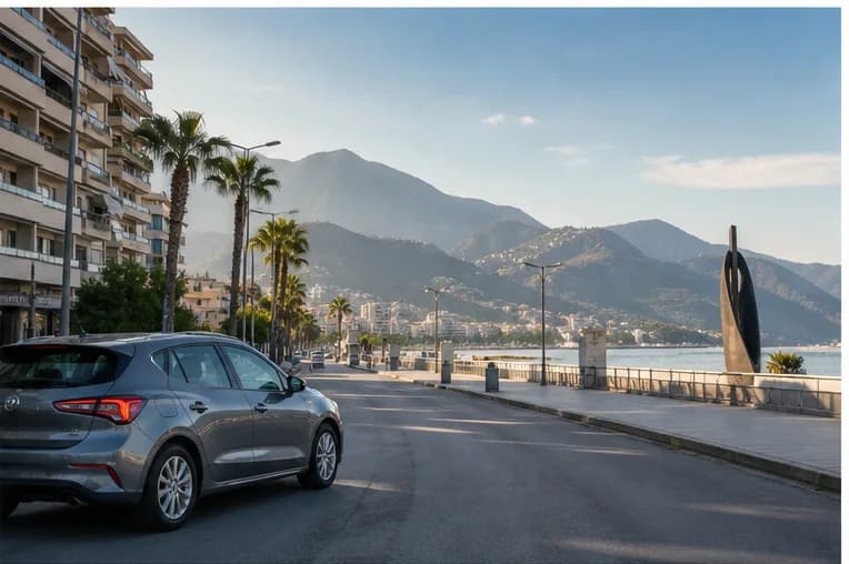 A rental car on a bright seaside road near Vlore and the Albanian Riviera