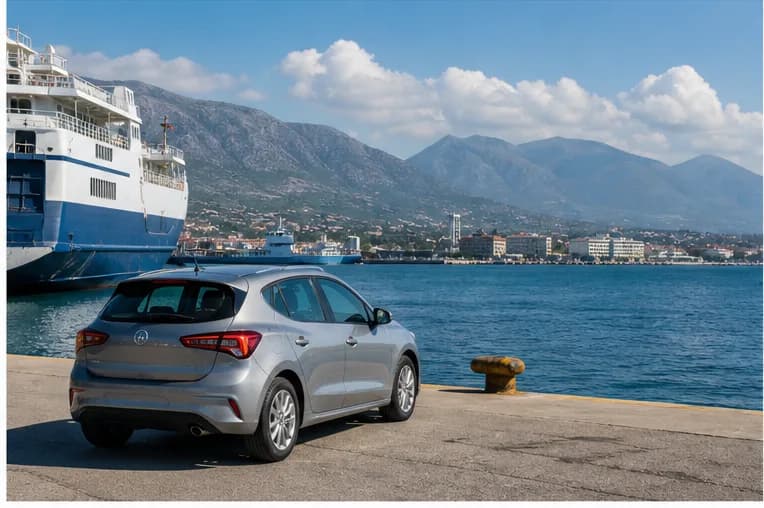A rental car beside Vlore's waterfront road with blue Ionian water beyond
