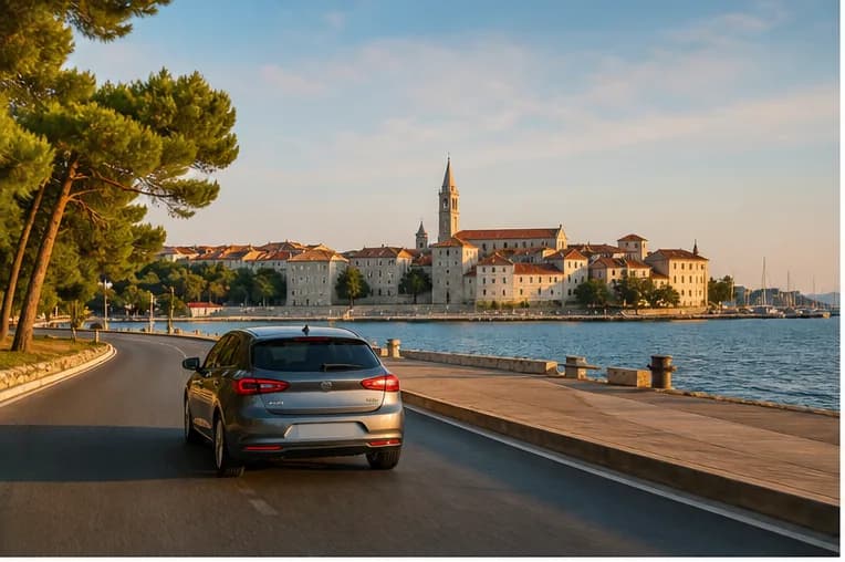 A rental car on a quiet road through the sunlit Dalmatian landscape near Zadar