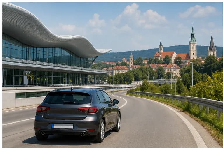 A rental car on a sunlit road looking across Zagreb's Central European skyline