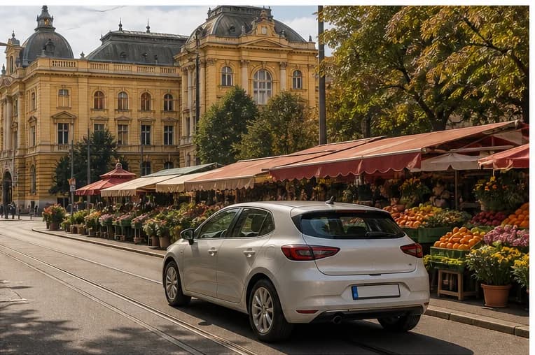 A compact rental car on a leafy Zagreb street with red-roofed city buildings