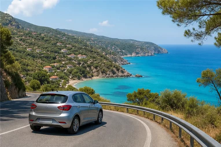 A rental car on a sunny Zakynthos road above a turquoise Ionian cove
