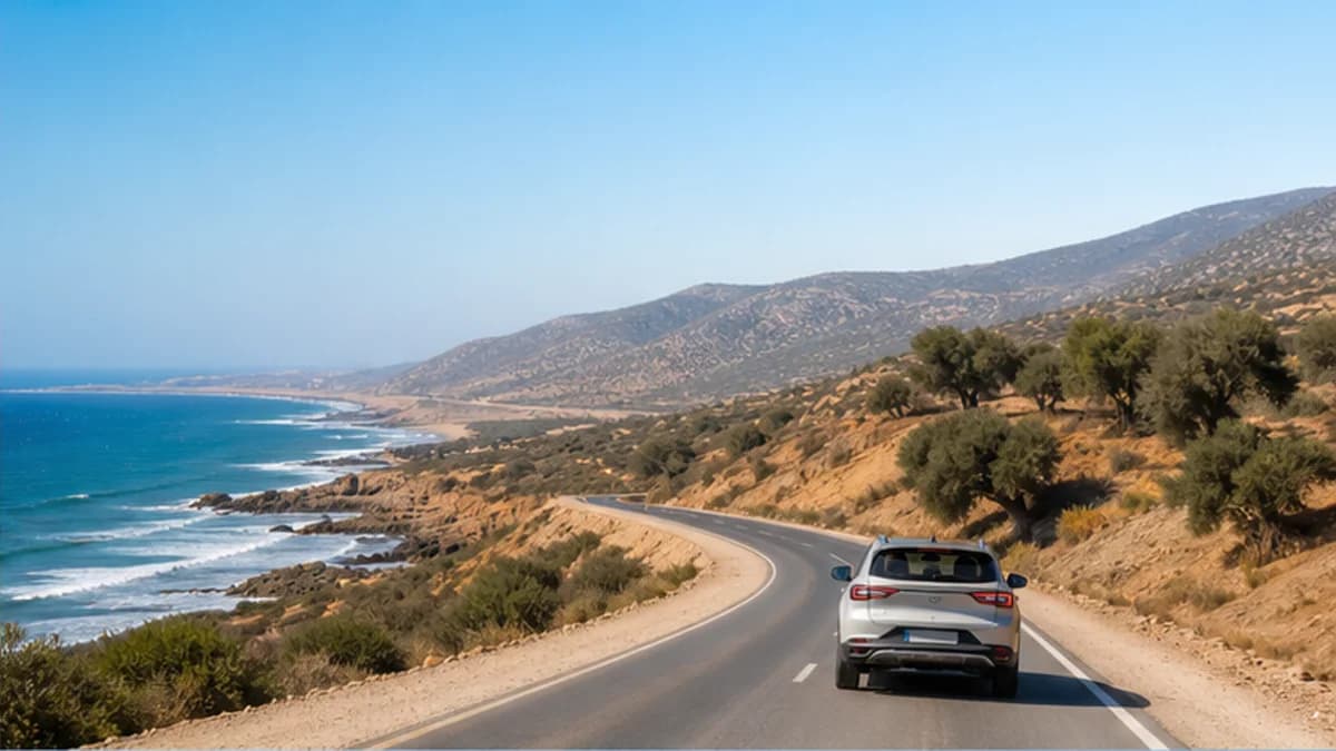 Rental car on a sunlit Atlantic coast road near Agadir in Morocco