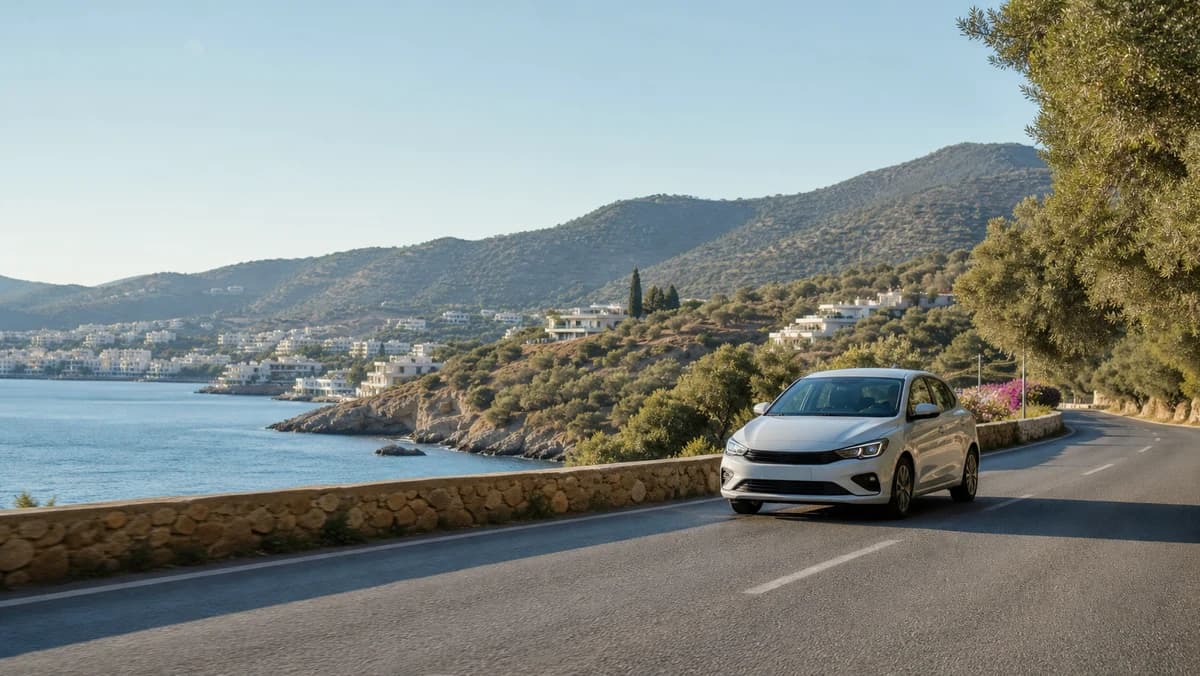 Rental car on a coastal road near Agios Nikolaos, Crete