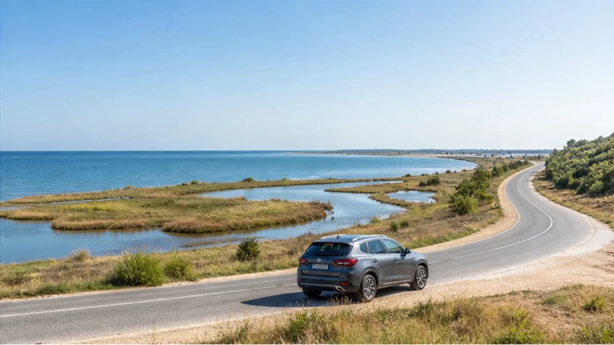 Rental car on a coastal road near Alexandroupolis in Thrace, Greece