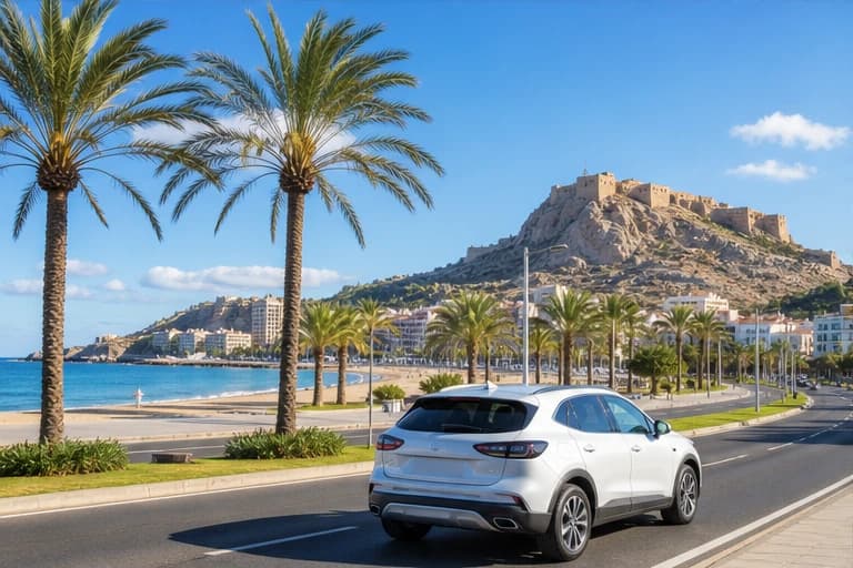 Rental car on a Mediterranean road above the Costa Blanca near Alicante