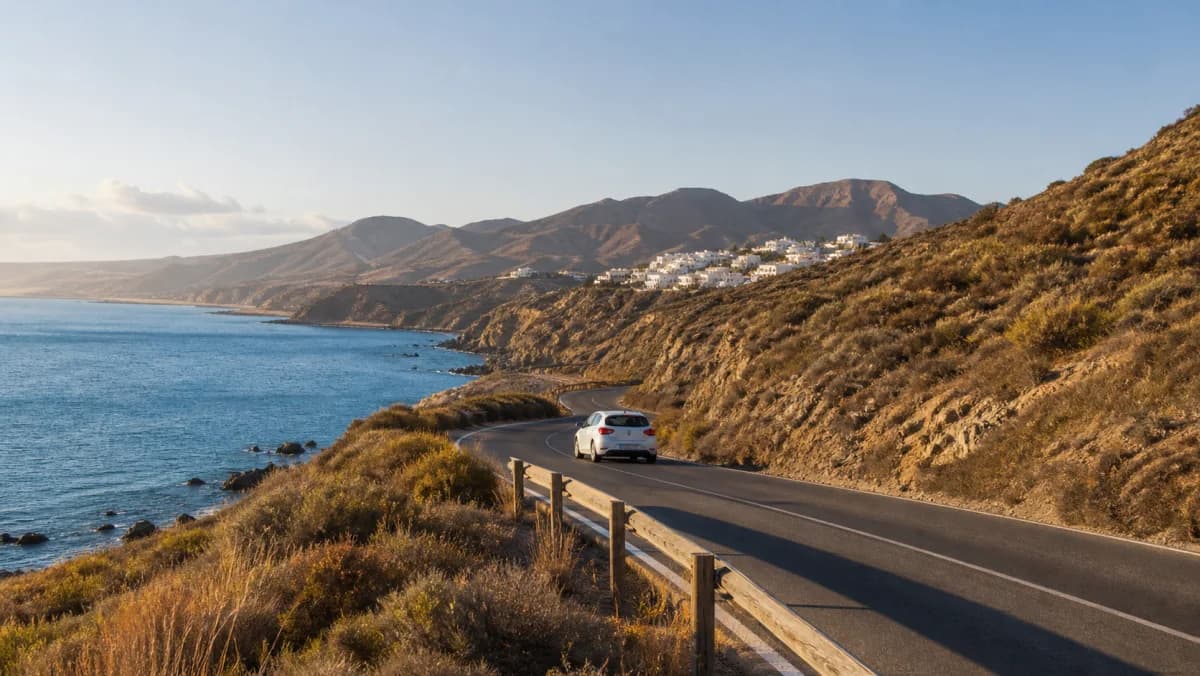 Rental car on a dry Mediterranean road in Almeria province, eastern Andalusia