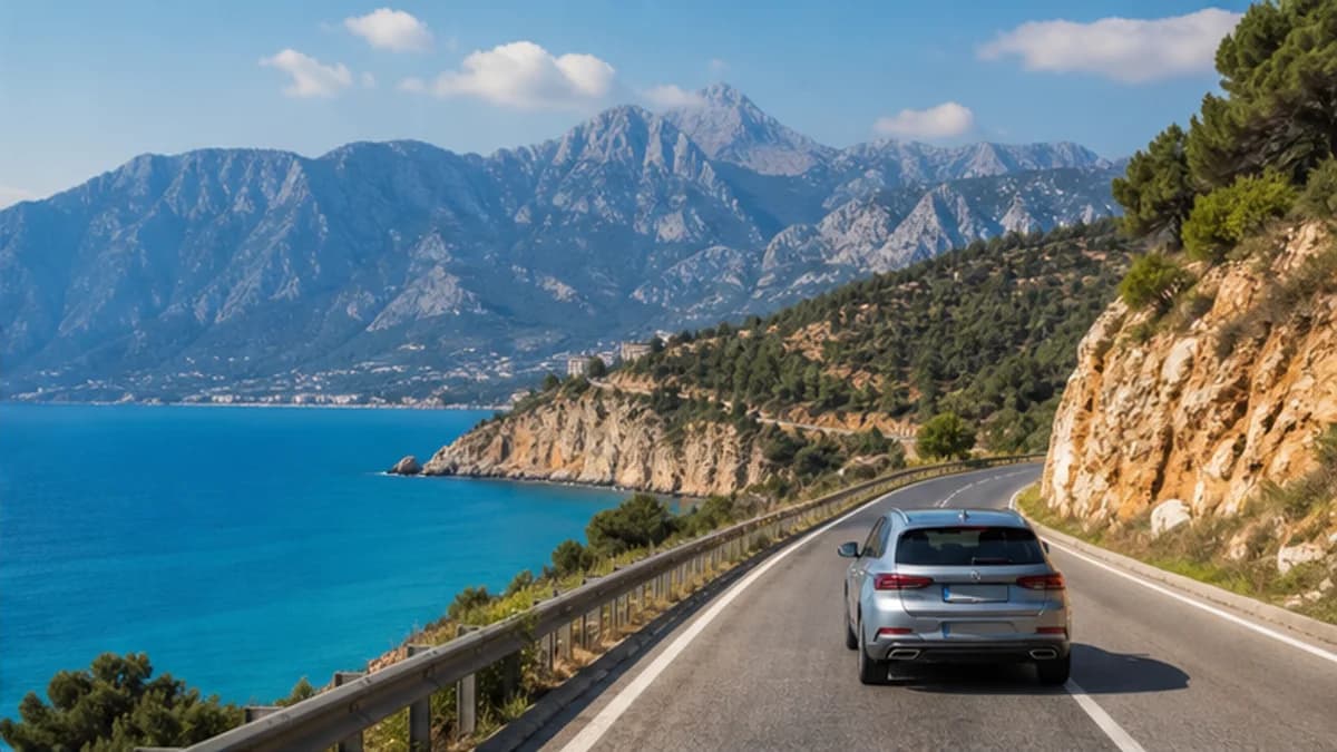 Rental car on a turquoise coastal road near Antalya in Turkey