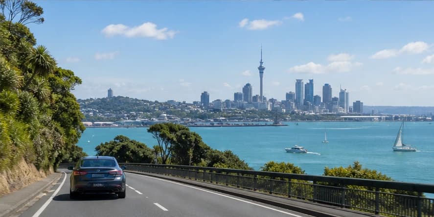 Rental car on a green North Island road in New Zealand