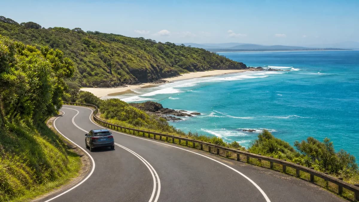Rental car on a Northern Rivers coastal road near Ballina