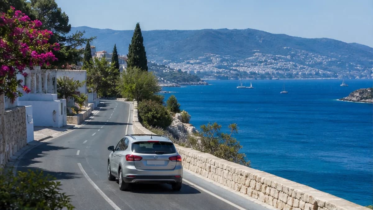 Rental car on a whitewashed coastal road near Bodrum in Turkey