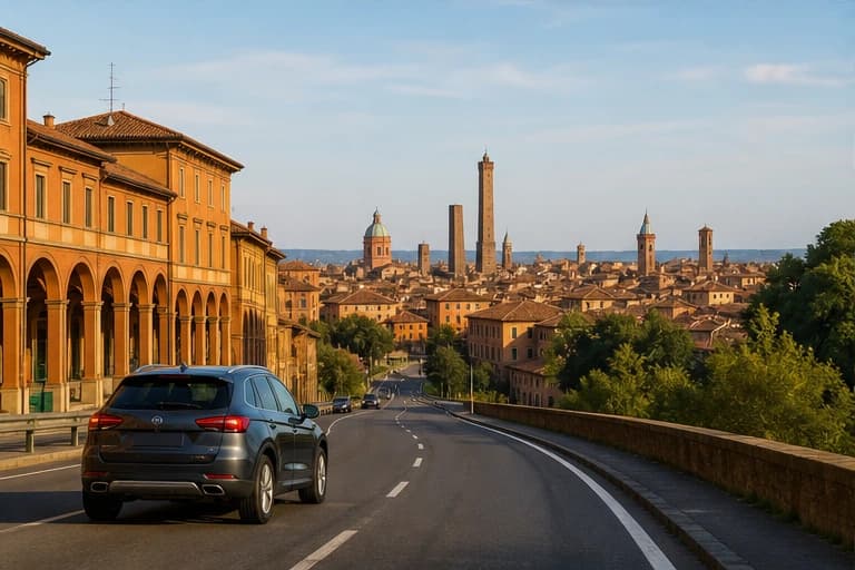 Rental car passing warm brick villages in Emilia-Romagna near Bologna