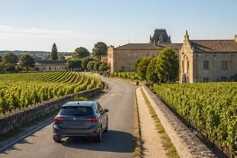 Rental car following a vineyard road outside Bordeaux