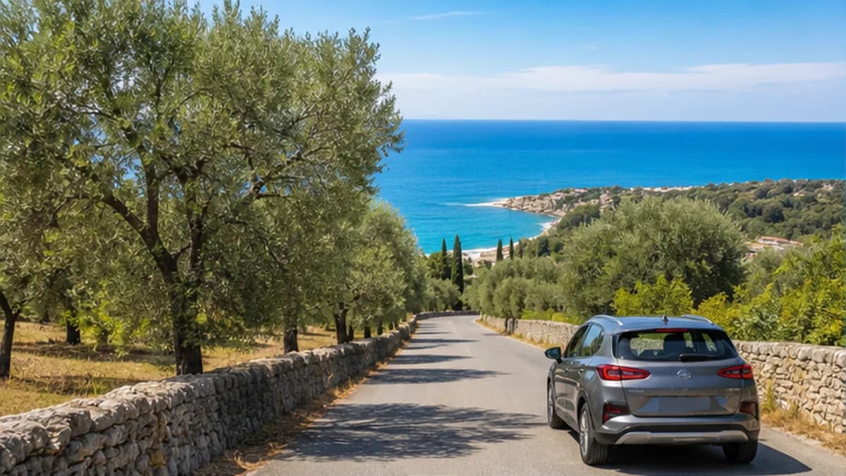 Rental car on a sunny olive-lined road near Brindisi in Puglia