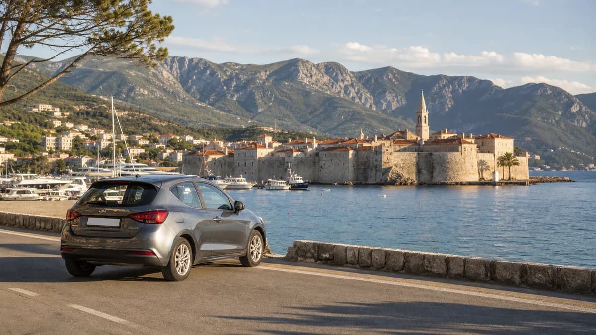 Rental car beside Budva Port with the Adriatic waterfront, old town walls and Montenegro's mountains beyond