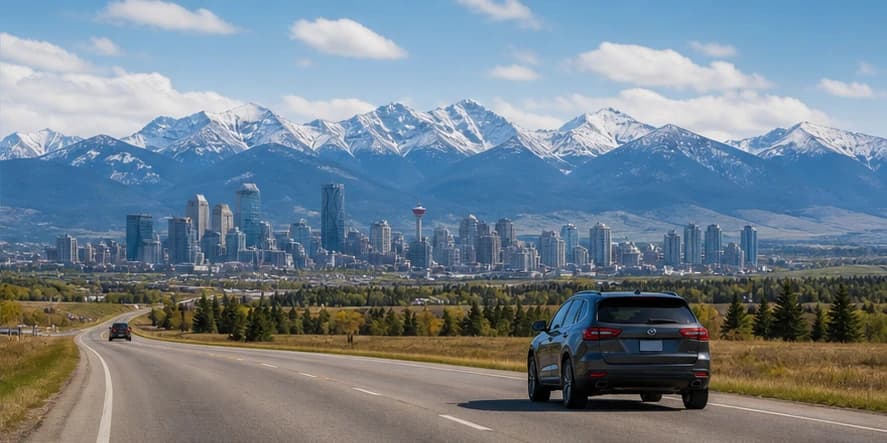 Rental car on a road through the Canadian Rockies
