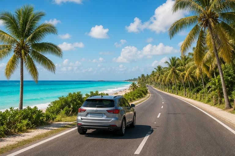 Rental car on a palm-lined road near the Caribbean coast south of Cancun