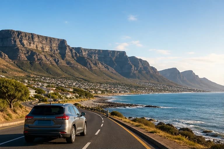 Rental car on a coastal road beneath mountains near Cape Town