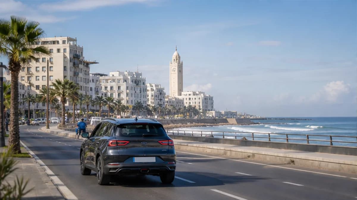 Rental car on an Atlantic boulevard outside Casablanca in Morocco