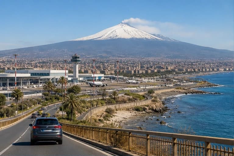 Rental car on a road beneath Mount Etna in Sicily