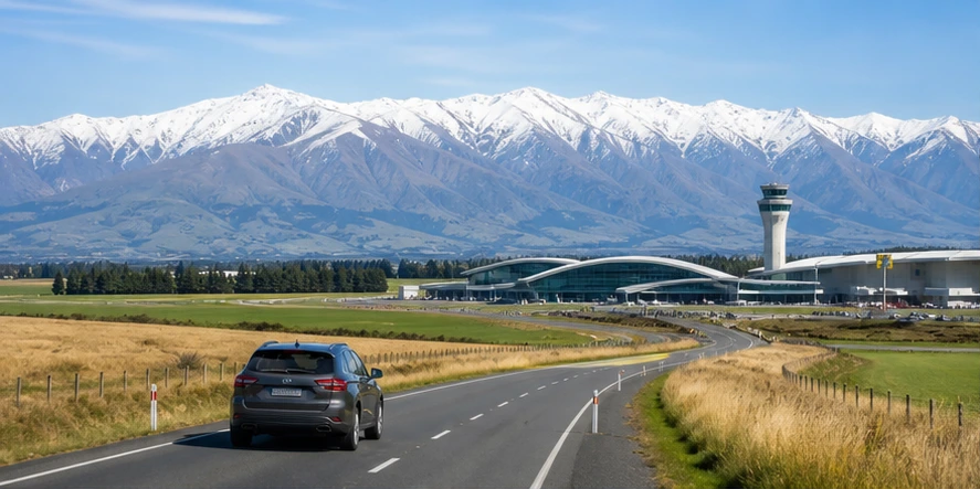 Rental car on an open South Island road beneath New Zealand's Southern Alps